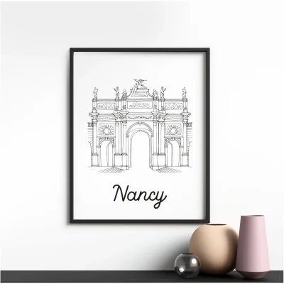 Affiche noir et blanc Nancy Grand Est souvenirs 100% made in France idées cadeaux produits régionaux Albane H illustration