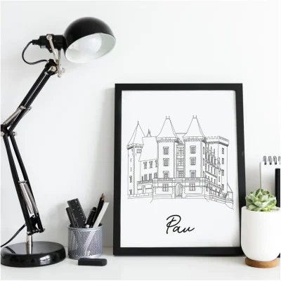 Affiche noir et blanc Pau Nouvelle Aquitaine souvenirs 100% made in France idées cadeaux produits régionaux Albane H illustration