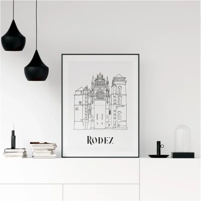 Affiche noir et blanc Rodez Occitanie souvenirs 100% made in France idées cadeaux produits régionaux Albane H illustration