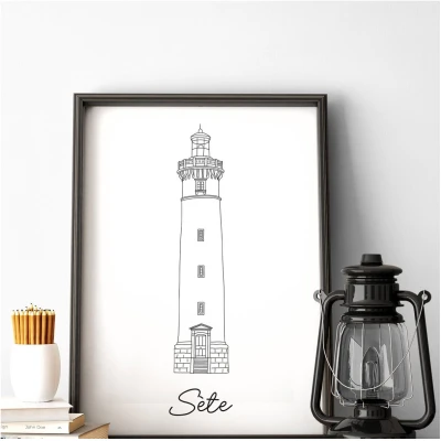 Affiche noir et blanc Sète Hérault Occitanie Souvenirs 100% made in France idées cadeaux produits régionaux Albane J illustration