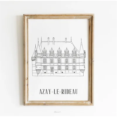 affiche noir et blanc Azay le Rideau Centre Val de Loire souvenirs 100% made in France idées cadeaux produits régionaux Albane H illustration