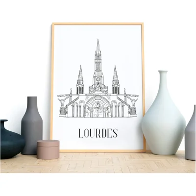 Affiche noir et blanc Lourdes Occitanie souvenirs 100% made in France idées cadeaux produits régionaux Albane H illustration