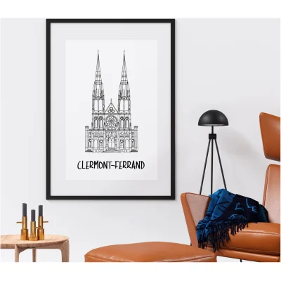 Affiche noir et blanc Clermont Ferrand Auvergne Rhone Alpes souvenirs 100% made in Franceidées cadeuax produits régionaux Albane H illustration