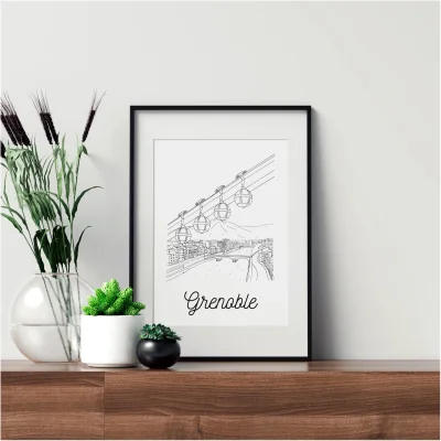 Affiche en noir et blanc Grenoble Auvergne Rhône Alpes souvenirs 100% made in France idées cadeaux produits régionaux Albane H illustration