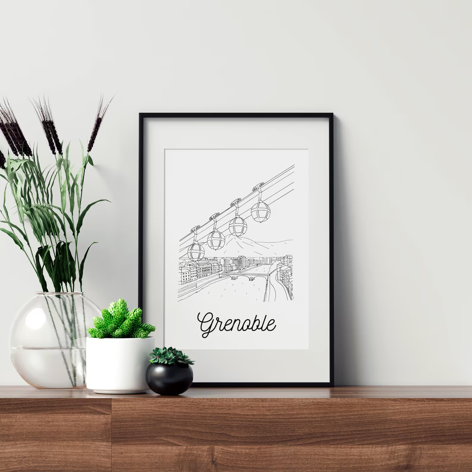 Affiche en noir et blanc Grenoble Auvergne Rhône Alpes souvenirs 100% made in France idées cadeaux produits régionaux Albane H illustration