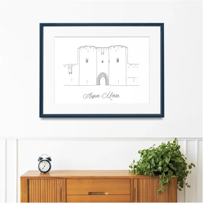 Affiche noir et blanc Aigues Mortes Occitanie souvenirs 100% made in France idées cadeaux produits régionaux Albane H illustration
