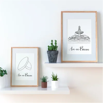 Affiche Aix en provence Côte d'azur calissons fontaine Illustration noir et blanc Albane H souvenir souvenirs 100% made in France