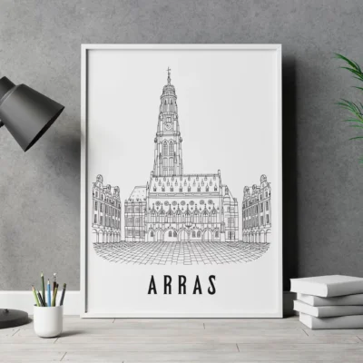 Affiche Arras Beffroi d'Arras Hauts de France Bâtiments place des héros Nord idée cadeau déco souvenir souvenirs 100% made in france illustration Albane H