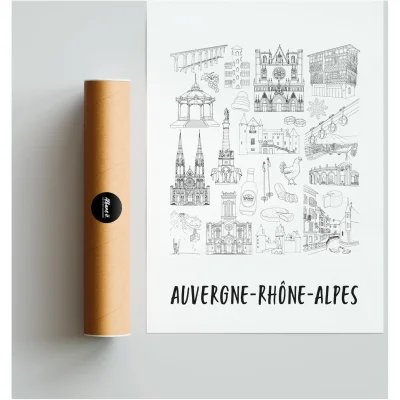 Affiche Auvergne Rhône Alpes monuments emblématiques idée cadeau souvenirs 100% made in France souvenir vacances décoration Albane H