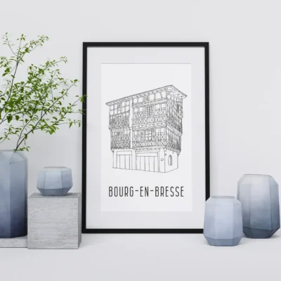 Affiche Bourg en Bresse Auvergne Rhônes Alpes idée cadeau déco souvenir souvenirs 100% made in france illustration Albane H