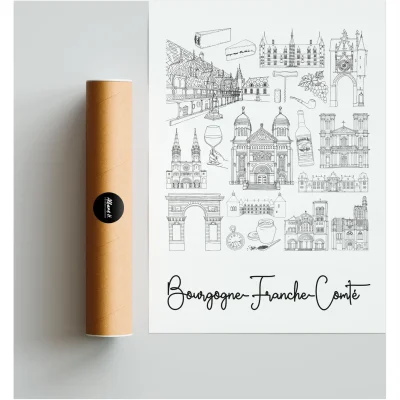 Affiche Bourgogne Franche Comté monuments emblématiques idée cadeau souvenirs 100% made in france souvenir vacances décoration