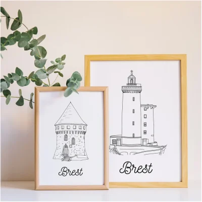 Affiche Brest Bretagne Tour Tanguy Phare du petit minou Illustration noir et blanc Albane H souvenir souvenirs 100% made in France
