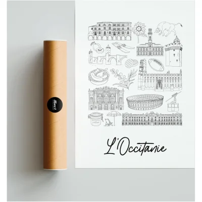 Affiche L'Occitanie monuments emblématiques Montpellier idée cadeau souvenirs 100% made in france souvenir vacances décoration