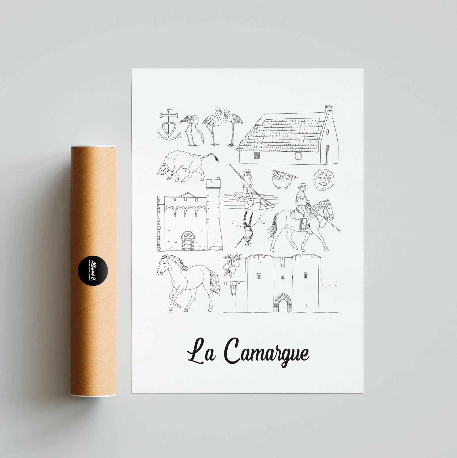 Affiche La Camargue monuments emblématiques idée cadeau souvenirs 100% made in France souvenir vacances décoration Albane H