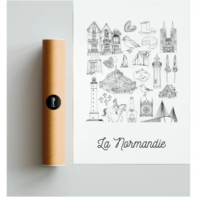 Affiche La Normandie Normandy Caen Cherbourg Granville Avranches Coutances monuments emblématiques idée cadeau souvenirs 100% made in france souvenir vacances décoration Albane H