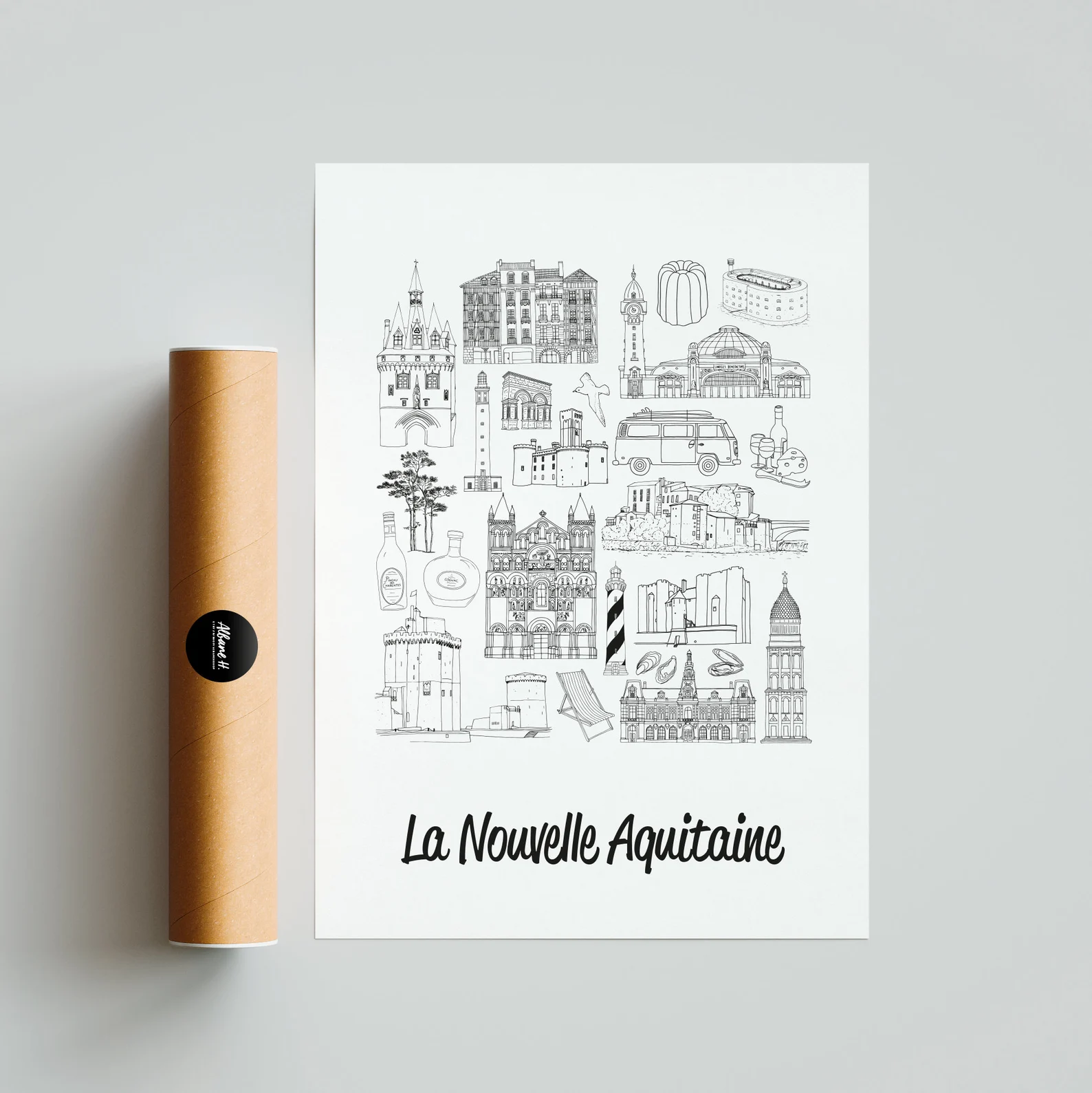 Affiche Nouvelle aquitaine monuments emblématiques idée cadeau souvenirs 100% made in france souvenir vacances décoration Albane H