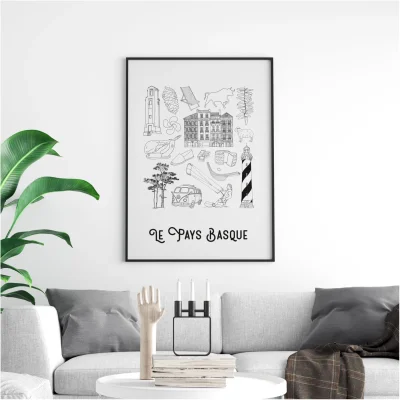 Affiche Nouvelle aquitaine Pays Basque monuments emblématiques idée cadeau souvenirs 100% made in france souvenir vacances décoration Albane H