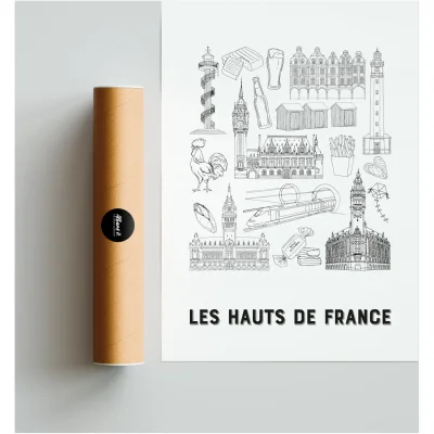 Affiche Les Hauts de France Lille Amiens Côte d'Opale monuments emblématiques idée cadeau souvenirs 100% made in france souvenir vacances décoration Albane H