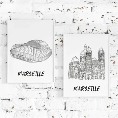 Affiche Marseille Provence Côte d'azur Stade Vélodrome Notre dame de la garde Illustration noir et blanc Albane H souvenir souvenirs 100% made in France
