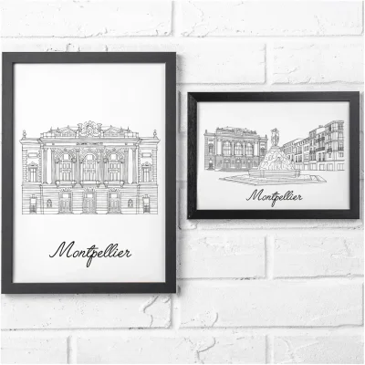 Affiche Montpellier Place de la comédie Opéra Illustration noir et blanc Albane H souvenir souvenirs 100% made in France