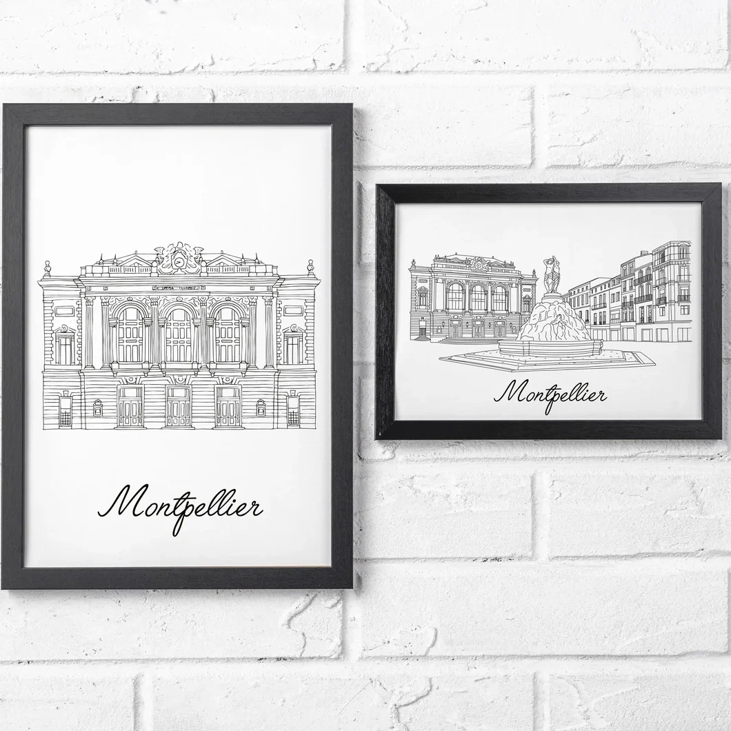 Affiche Montpellier Place de la comédie Opéra Illustration noir et blanc Albane H souvenir souvenirs 100% made in France