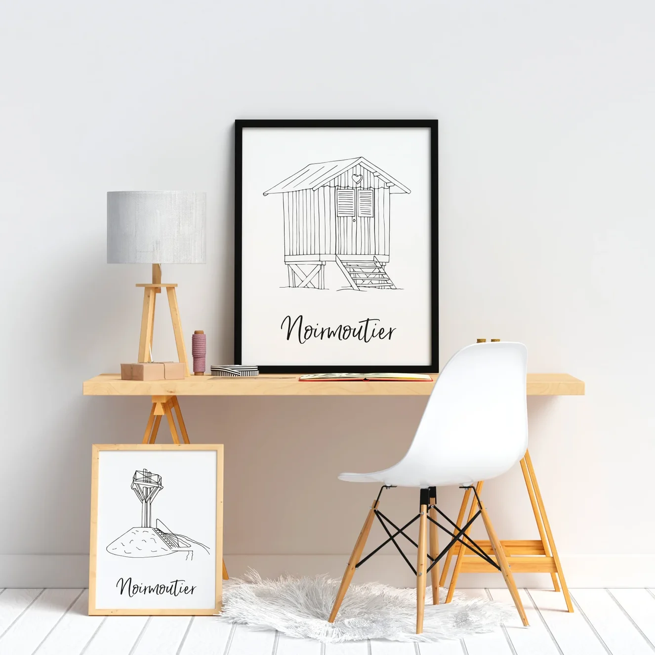 Affiche Noirmoutier Pays de la Loire Passage du Gois Cabane typique du bois de la Chaise souvenirs local 100% made in France illustration Albane H.