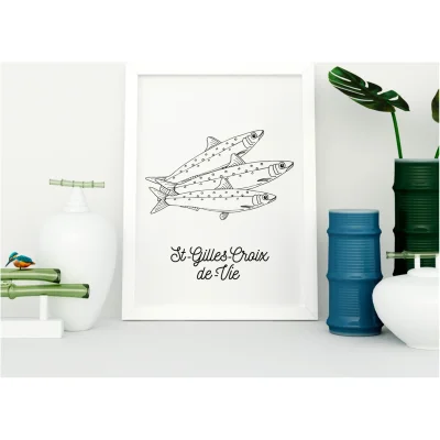 Affiche noir et blanc Saint Gilles Croix de Vie souvenirs 100% made in France idées cadeaux produits régionaux Albane H illustration