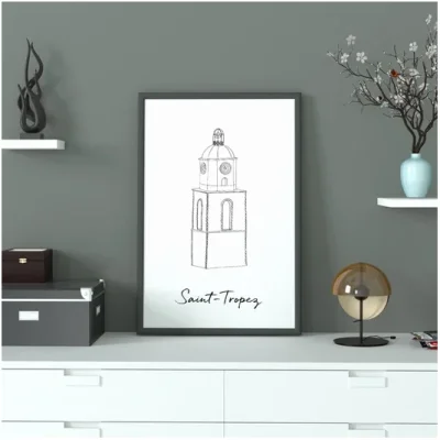 Affiche noir et blanc Saint-Tropez Provence Alpes Côte d'Azur souvenirs 100% made in France idées cadeaux produits régionaux Albane H illustration