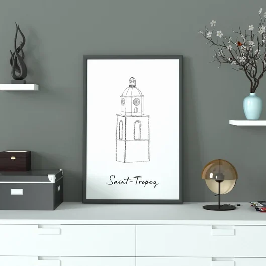 Affiche noir et blanc Saint-Tropez Provence Alpes Côte d'Azur souvenirs 100% made in France idées cadeaux produits régionaux Albane H illustration