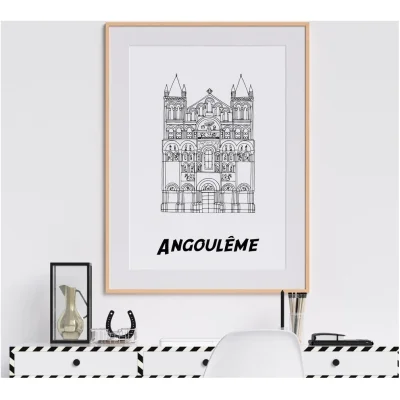 Affiche noir et blanc Angoulême Nouvelle Aquitaine souvenirs 100% made in France idées cadeaux produits régionaux Albane H illustration