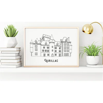 Affiche noir et blanc Aurillac Auvergne Rhône Alpes souvenirs 100% made in France idées cadeaux produits régionaux Albane H illustration