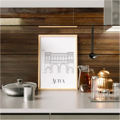 Affiche noir et blanc Autun Bourgogne Franche Comté souvenirs 100% made in France idées cadeaux produits régionaux Albane H illustration
