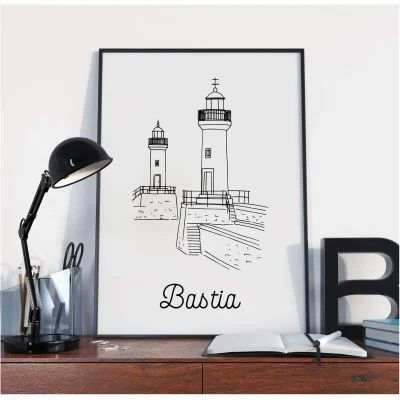 Affiche noir et blanc Bastia Corse souvenirs 100% made in France idées cadeaux produits régionaux Albane H illustration