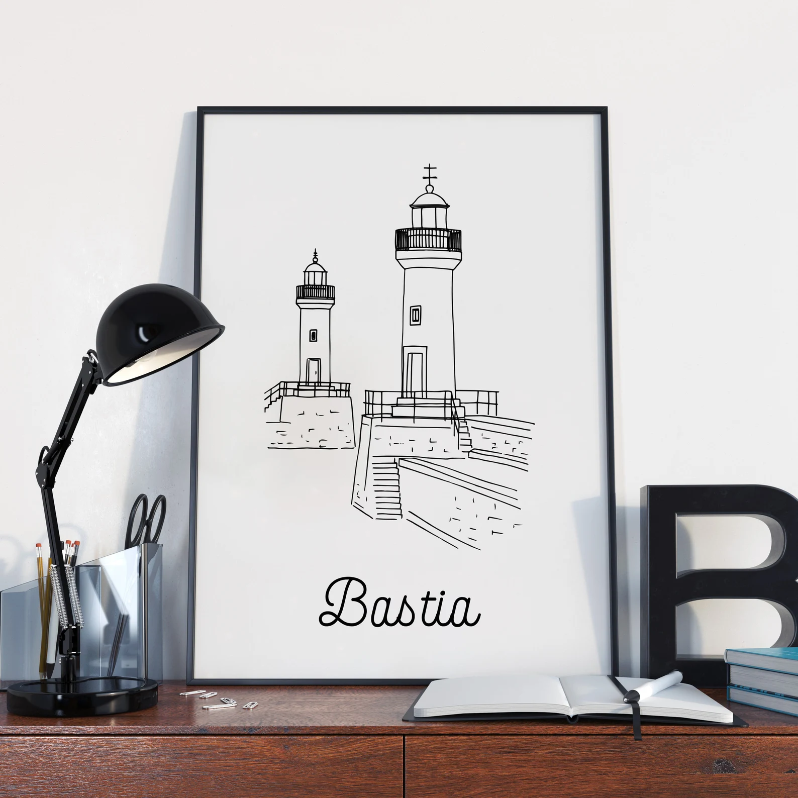 Affiche noir et blanc Bastia Corse souvenirs 100% made in France idées cadeaux produits régionaux Albane H illustration