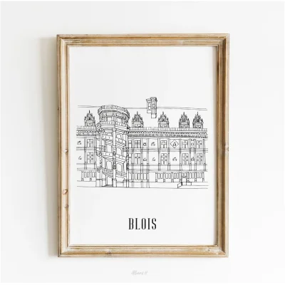 Affiche noir et blanc Blois Centre Val de Loire souvenirs 100% made in France idées cadeaux produits régionaux Albane H illustration