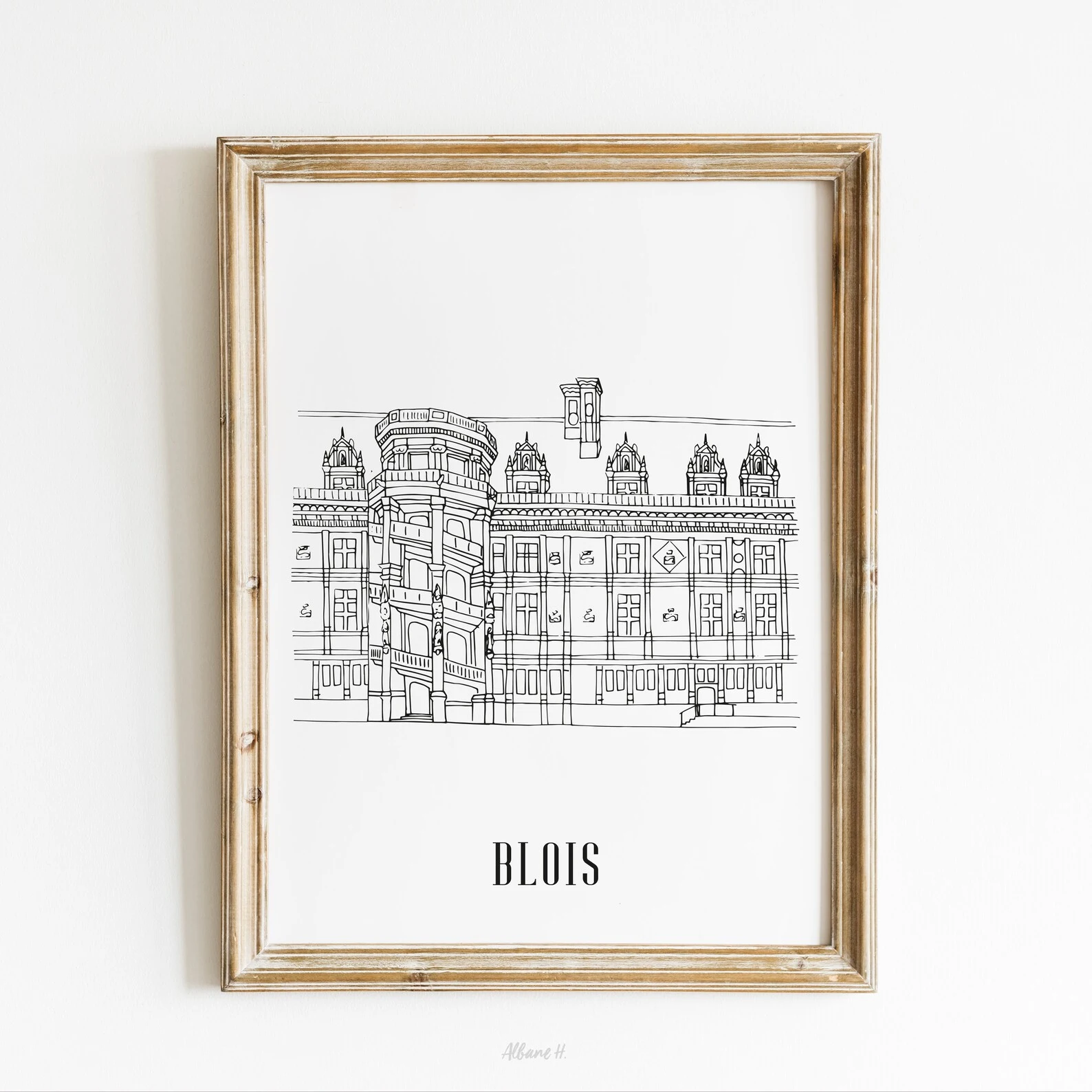 Affiche noir et blanc Blois Centre Val de Loire souvenirs 100% made in France idées cadeaux produits régionaux Albane H illustration