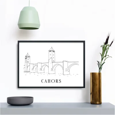 Affiche noir et blanc Cahors Occitanie souvenirs 100% made in France idées cadeaux produits régionaux Albane H illustration