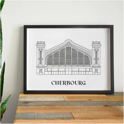 Affiche noir et blanc Cherbourg Normandie souvenirs 100% made in France idées cadeaux produits régionaux Albane H illustration