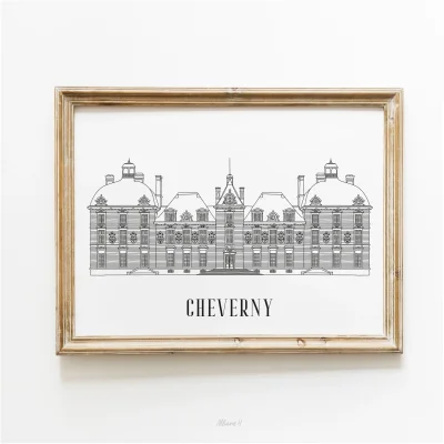 Affiche noir et blanc Cheverny Centre Val de Loire souvenirs 100% made in France idées cadeaux produits régionaux Albane H illustration