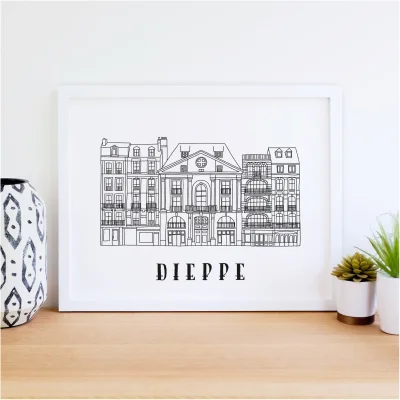 Affiche noir et blanc Dieppe Normandie souvenirs 100% made in France idées cadeaux produits régionaux Albane H illustration