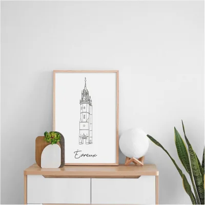 Affiche noir et blanc Evreux Normandie souvenirs 100% made in France idées cadeaux produits régionaux Albane H illustration