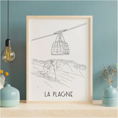 Affiche noir et blanc La Plagne Auvergne Rhône Alpes souvenirs 100% made in France idées cadeaux produits régionaux Albane H illustration