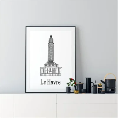 Affiche noir et blanc Le Havre Normandie souvenirs 100% made in France idées cadeaux produits régionaux Albane H illustration