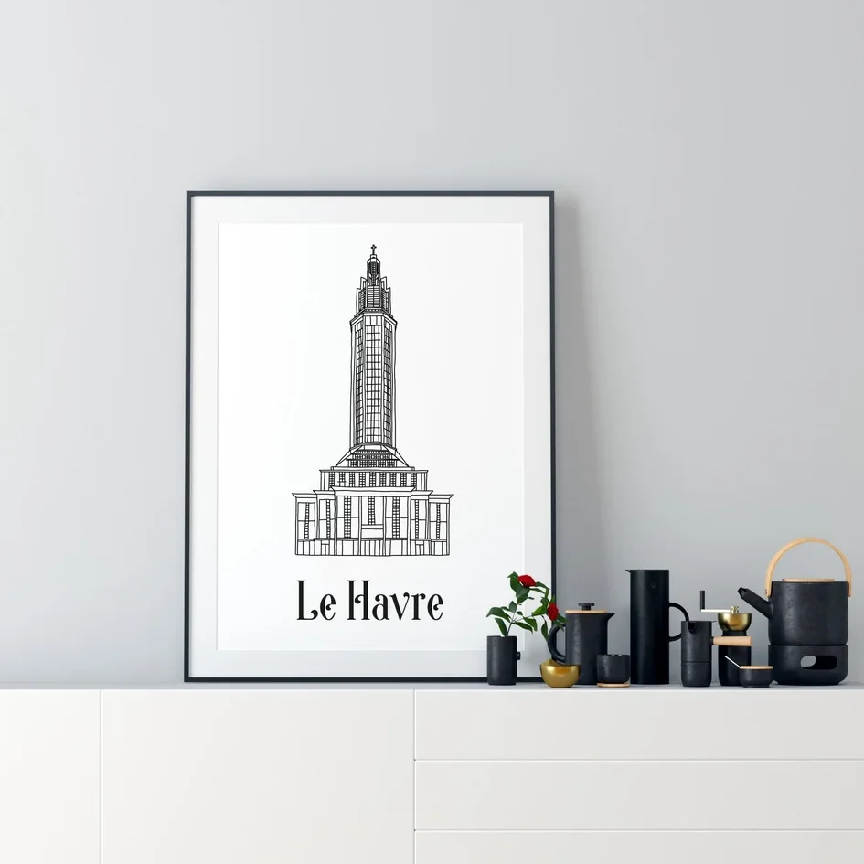 Affiche noir et blanc Le Havre Normandie souvenirs 100% made in France idées cadeaux produits régionaux Albane H illustration