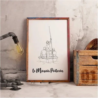 Affiche noir et blanc Le marais poitevin Nouvelle-Aquitaine Pays de la Loire souvenirs 100% made in France idées cadeaux produits régionaux Albane H illustration