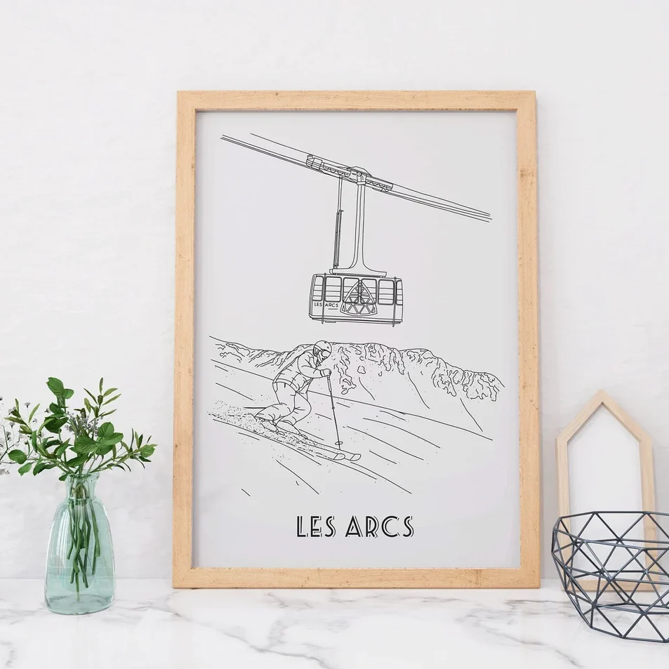 Affiche noir et blanc les Arcs Auvergne Rhône Alpes souvenirs 100% made in France idées cadeaux produits régionaux Albane H illustration