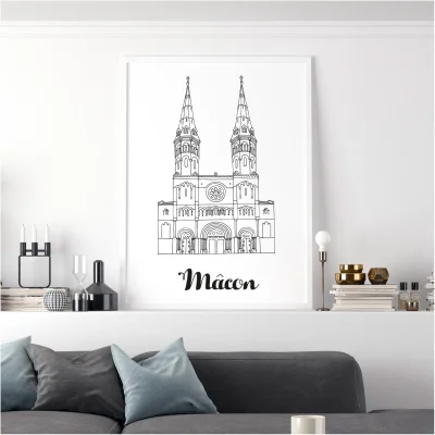 Affiche noir et blanc Mâcon Saône-et-Loire souvenirs 100% made in France idées cadeaux produits régionaux Albane H illustration