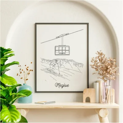 Affiche noir et blanc Megève Auvergne Rhône Alpes souvenirs 100% made in France idées cadeaux produits régionaux Albane H illustration