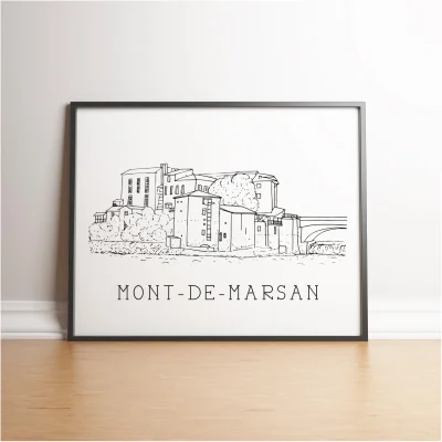 Affiche noir et blanc Mont de Marsan Nouvelle Aquitaine souvenirs 100% made in France idées cadeaux produits régionaux Albane H illustration