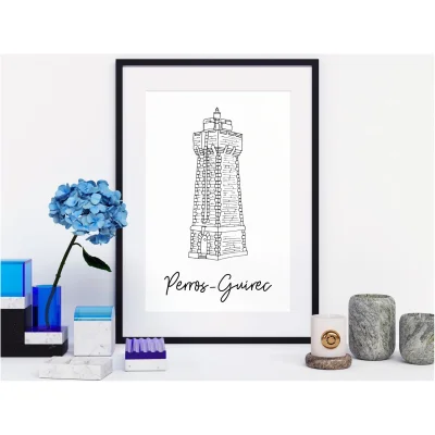 Affiche noir et blanc Perros Guirec Bretagne souvenirs 100% made in France idées cadeaux produits régionaux Albane H illustration